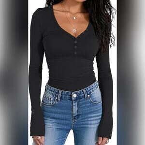 NWT Prettywear Long Sleeve Henley V Neck Button Slim Fitted Trendy Top, M